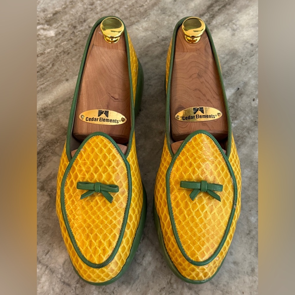 Belgian Shoes Midinette Yellow Snake Embossed Green Leather Trim Loafers 5.5